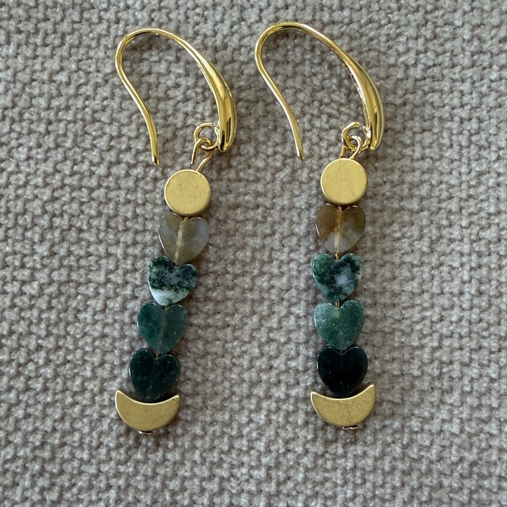 Jasper Heart Earrings with brass half moon- Handmade- NWT Green Blue Beige Boho